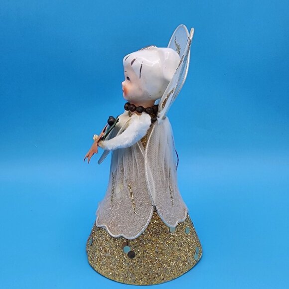 1950s Delta Novelty Angel Tree Topper Porcelain Head Tulle Wings Japan - Picture 5 of 10